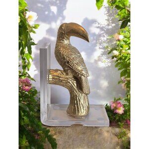New MCM Retro Gold Acrylic Large Toucan Bird Tropical Office Room Bookend